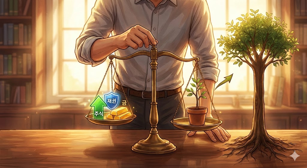 6개월마다 한 번씩 저울의 수평을 맞추는 투자자의 모습.저울 위에는 주식, 채권, 금이 놓여 있고 수평이 맞춰질 때마다 나무가 자라나는 모습