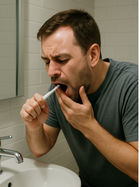 구역질을 참으려는 손동작과 입 안의 칫솔 위치로 표현한 양치 중 구토 반사의 모습