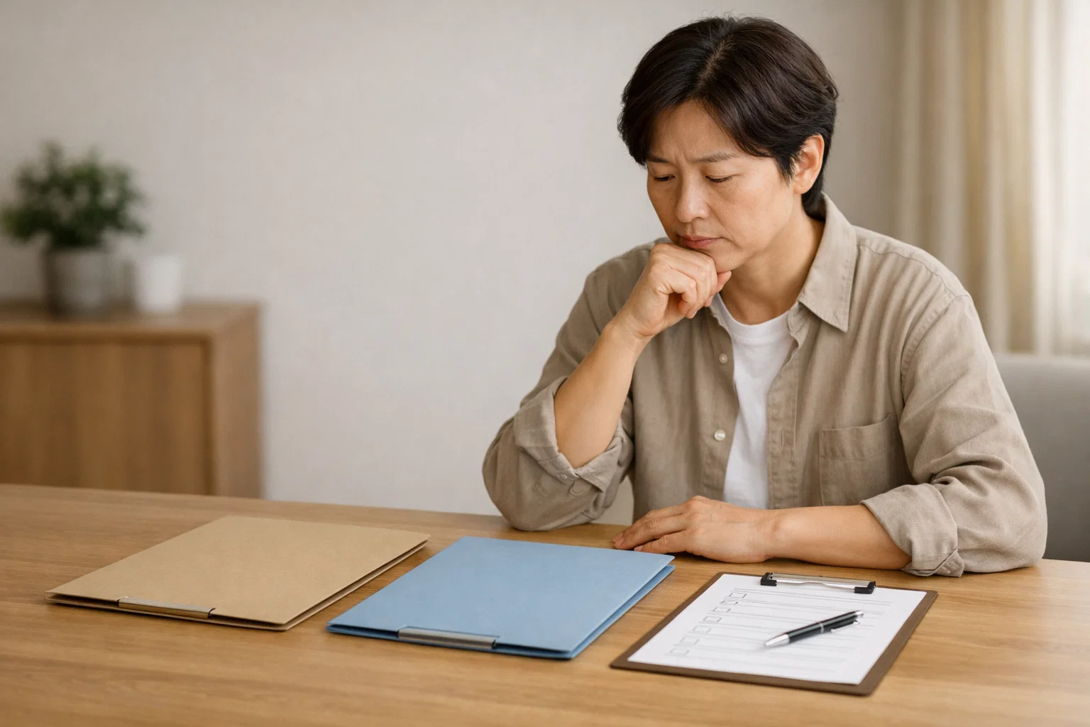 요양원과 요양병원의 차이를 고민하는 보호자가 서류와 체크리스트를 보며 어디를 먼저 봐야 하는지 판단 흐름을 생각하는 이미지