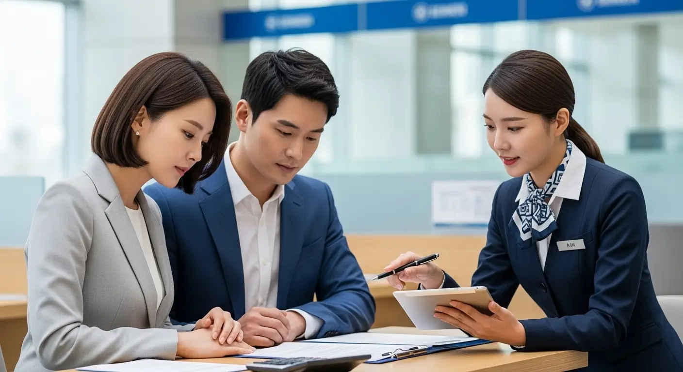 계산기와 아파트 모형을 앞에 두고 은행원과 상담하며 자금 계획을 세우는 부부의 모습