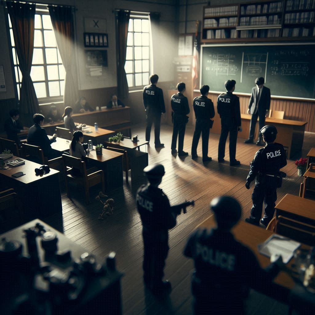 이 사진은 학교에서 현장을 조사하는 경찰의 모습의 사진입니다.
