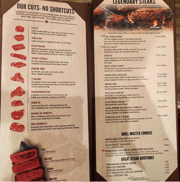 Longhorn Steakhouse - 메인 스테이크 메뉴 안내