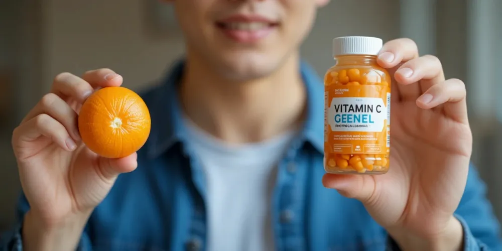 오렌지와 영양제를 들고 비타민C 과다복용 부작용에 대해 고민하는 남성의 모습