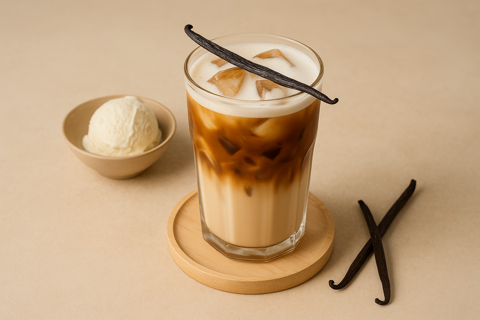 바닐라 시럽과 에스프레소가 층을 이룬 아이스 바닐라 라떼 한 잔