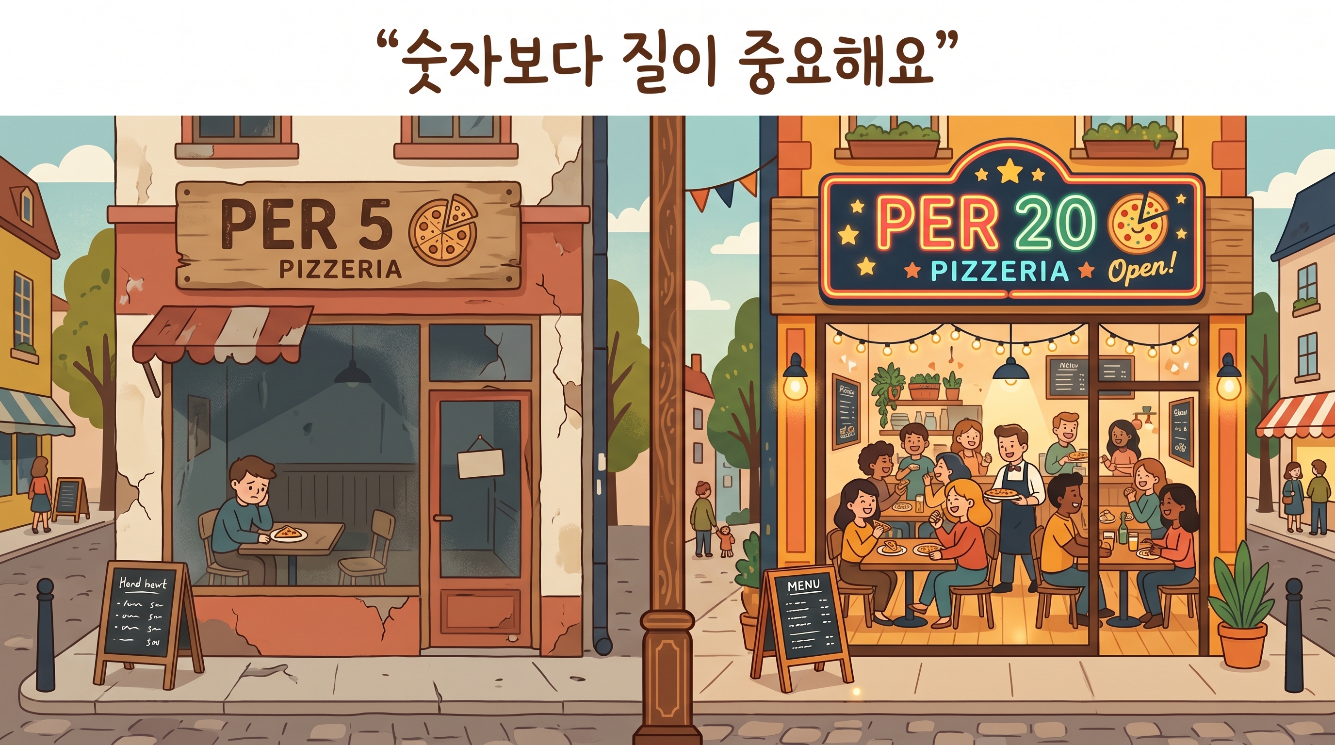 PER 비유 피자가게 일러스트 - 저평가와 가치함정의 차이