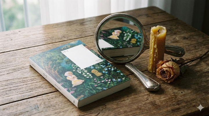 책을 다 읽고 덮어둔 테이블 위에 놓인 손거울 하나. 거울 속에 책 표지가 비치고, 그 옆에는 반쯤 타들어 간 양초나 마른 꽃 한 송이가 놓여 있어 '사유의 시간'과 '애도'를 암시하는 감성적인 연출 사진.