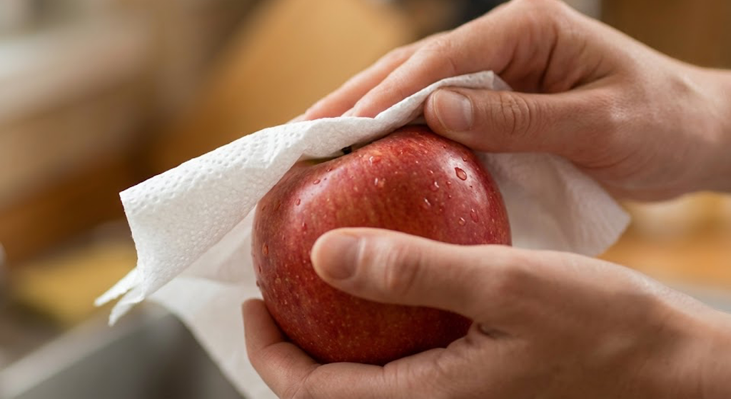 키친타올로 사과 닦는 사진