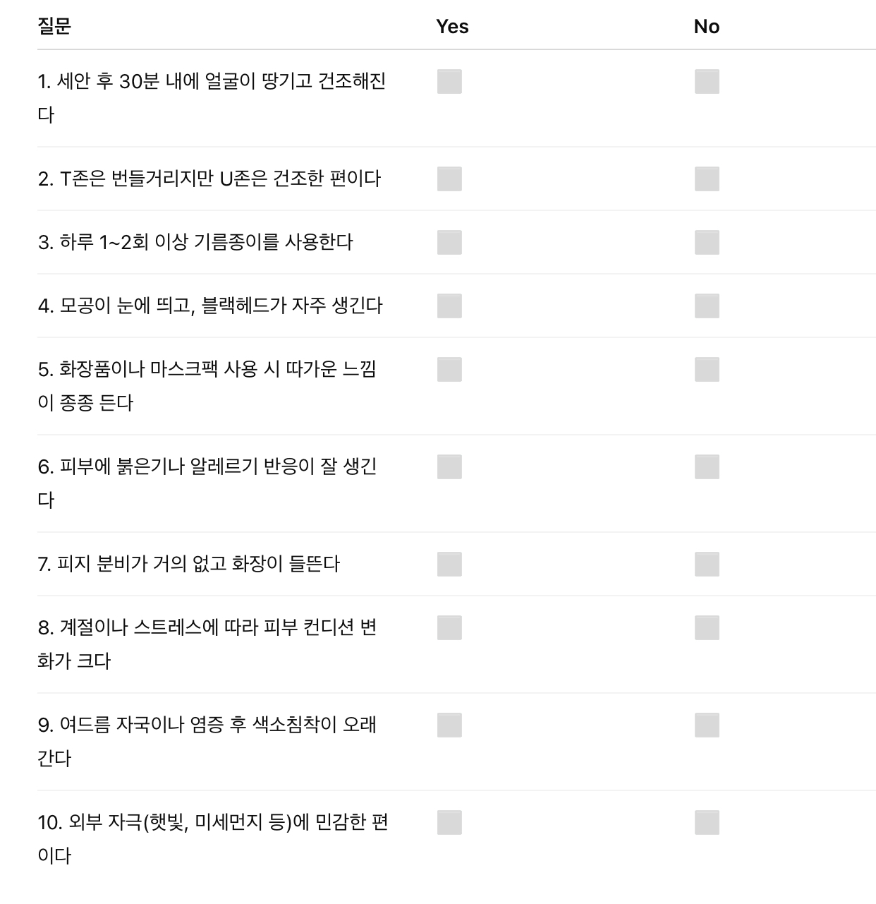 Yes/No] 체크리스트 (10문항