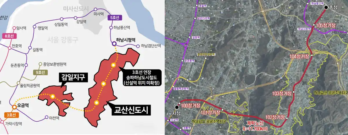 송파하남선-왼쪽-초기노선도-오른쪽-2024년노선도-오금역-하남시청역