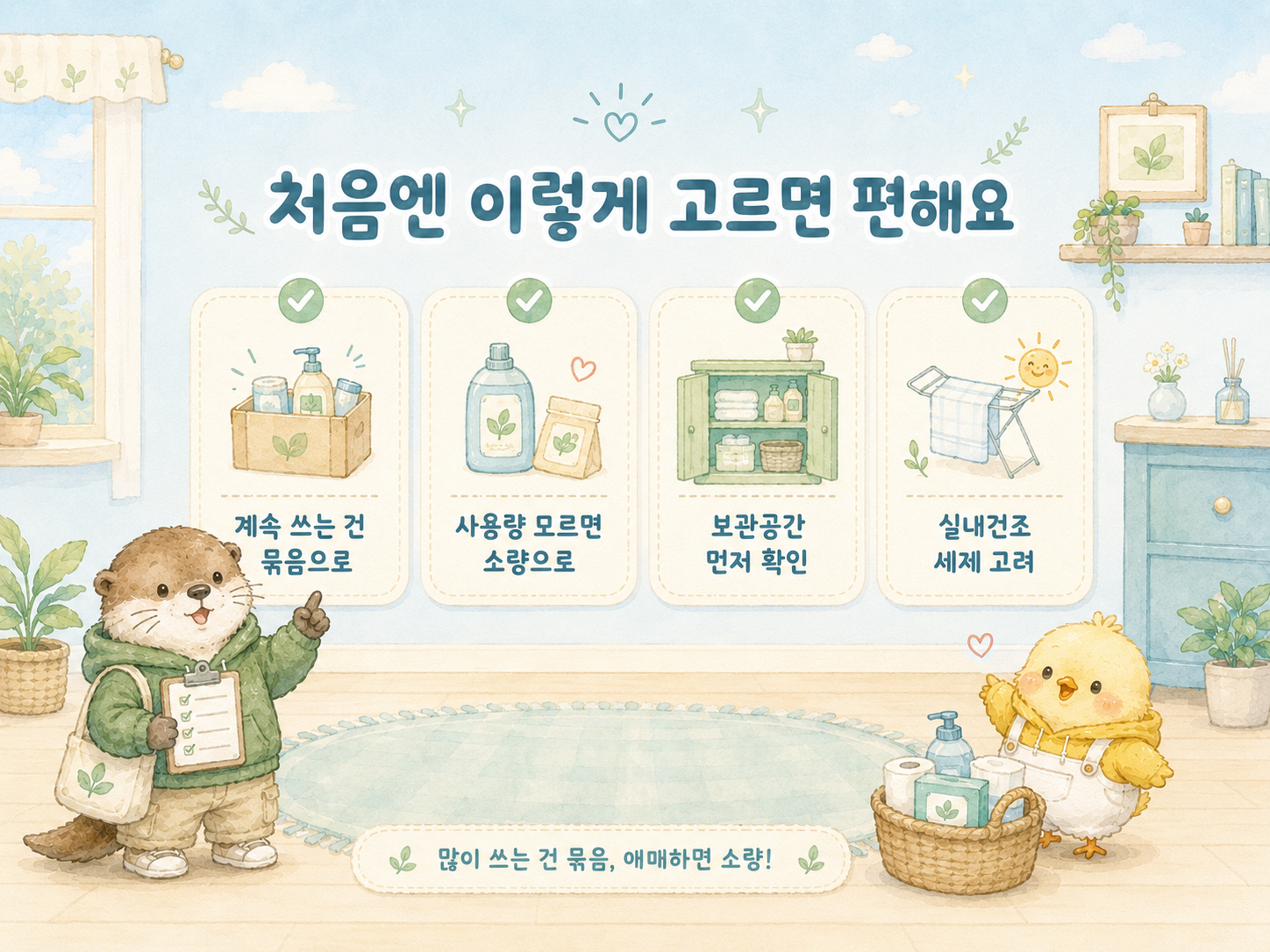 자취 초반 소모품을 고를 때 묶음 구매와 소량 구매 기준을 정리한 안내 이미지