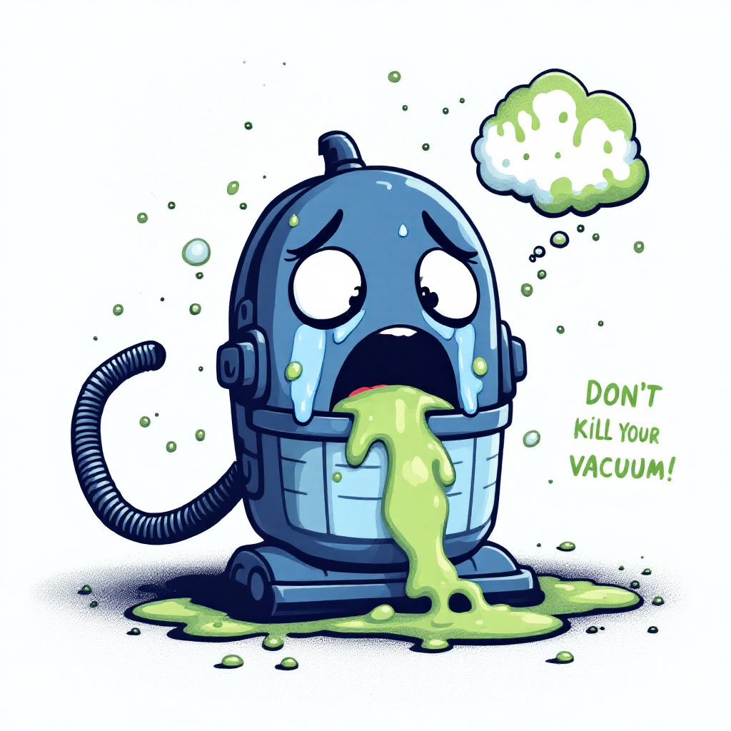물기가 뚝뚝 떨어지고 곰팡이가 핀 청소기 필터 옆에서 울고 있는 만화 청소기 일러스트