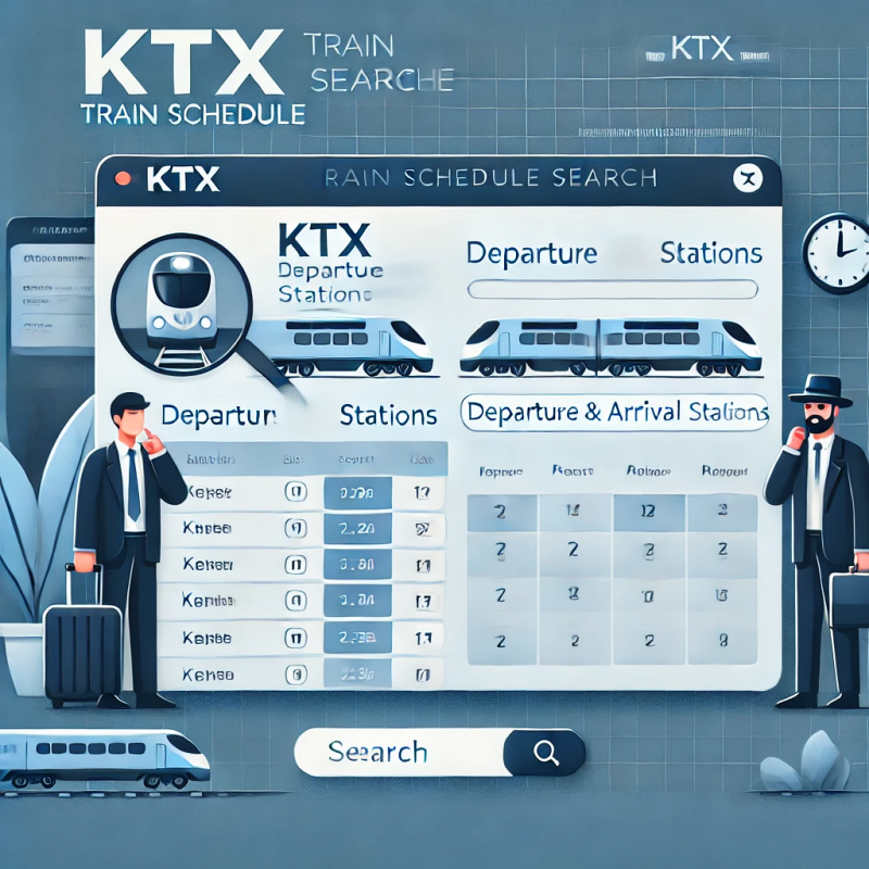 코레일 홈페이지의 KTX 시간표 검색 페이지를 보여주는 현대적이고 깔끔한 인터페이스 일러스트