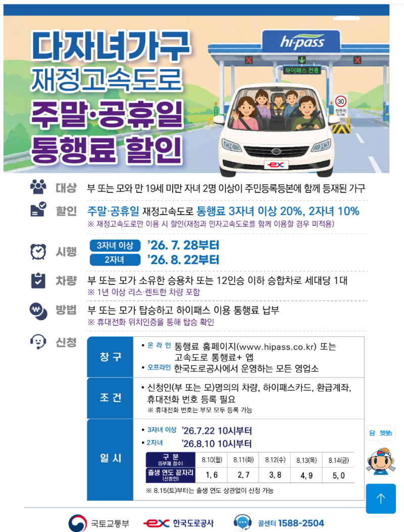 다자녀가구 주말공휴일 통행료 할인