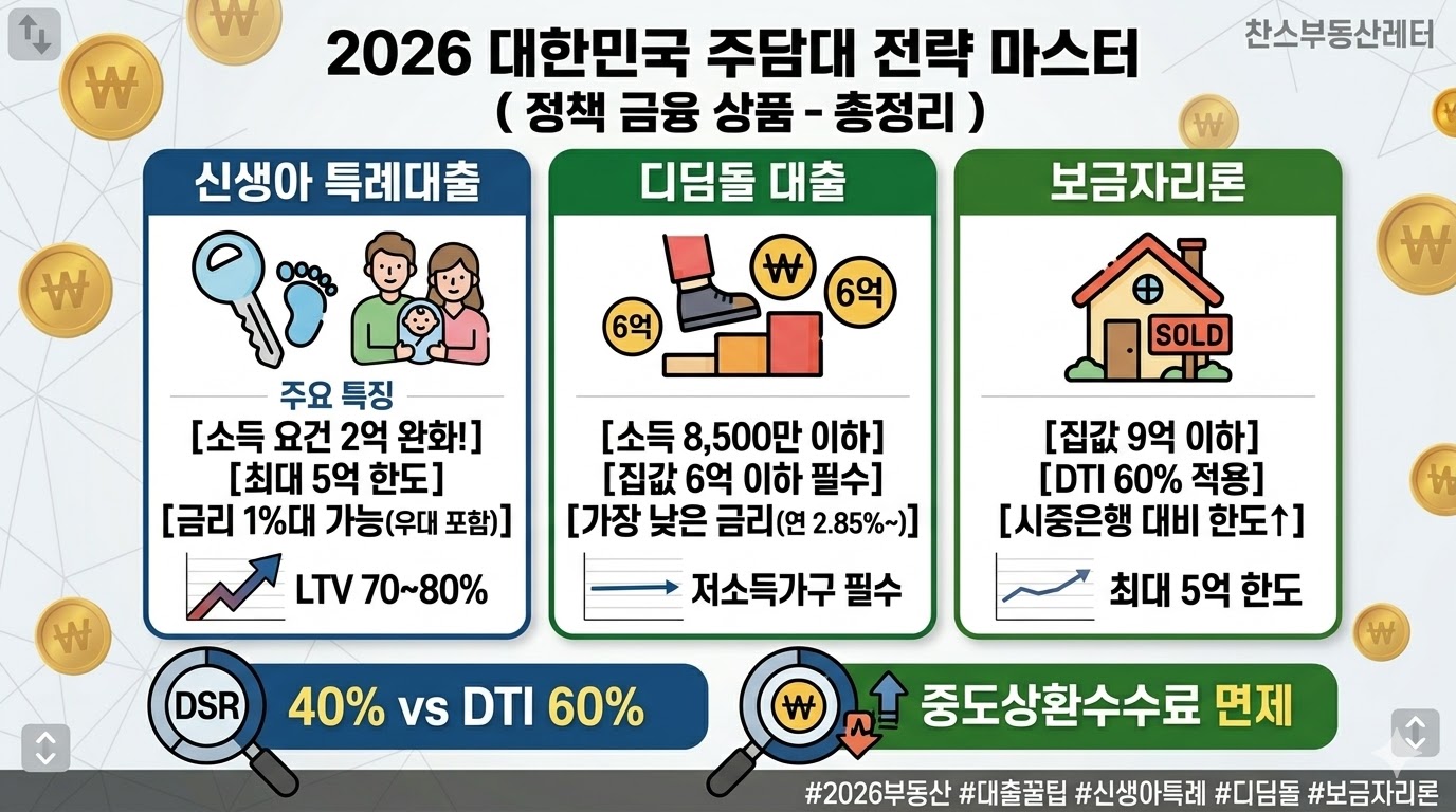2026년 신생아 특례대출, 디딤돌, 보금자리론 금리 및 한도 비교표