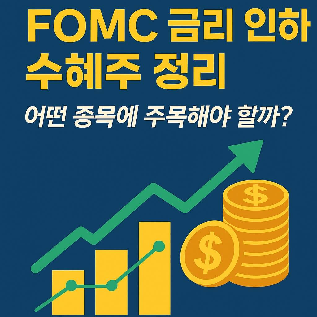 FOMC 금리 인하 수혜주 정리 - 기술주, 바이오, 건설, 금융, 소비 업종별 분석을 다룬 블로그 썸네일 이미지