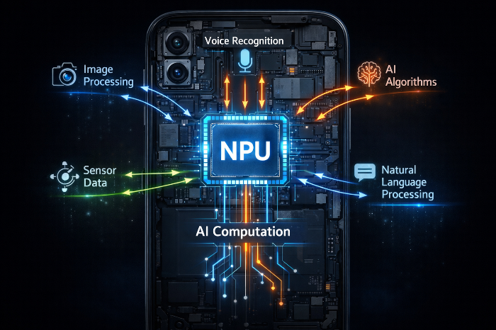 스마트폰 내부 NPU 연산 구조를 시각화한 이미지.