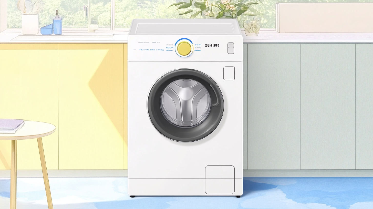 모던한 주방에 위치한 삼성 세탁기를 강조하는 이미지로, 에코 버블 기술과 저소음 디자인을 부각하여 삼성 제품의 특징을 보여주는 장면.