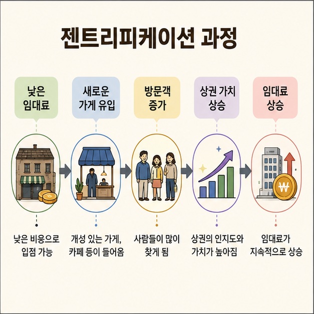 낮은 임대료의 지역에 새로운 가게가 들어오고 방문객과 투자가 늘면서 상권 가치와 임대료가 상승하는 젠트리피케이션의 진행 과정을 보여 주는 그림
