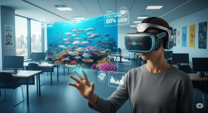 AR용 기기를 착용하고 어업관련 데이터를 확인하는 사람을 표현하고 있는 이미지