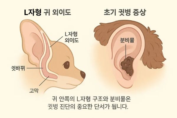 L자형 귀 외이도와 귓 속 분비물을 보여주는 이미지