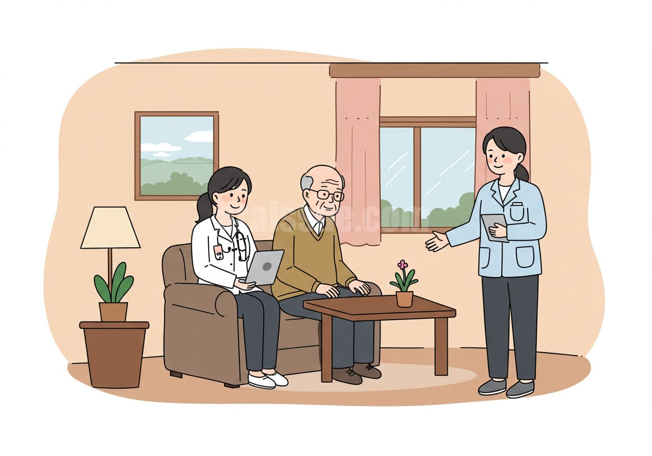 혼자 사는 한국 노년 남성이 집에서 요양보호사의 방문 돌봄 서비스를 받고 있는 장면을 표현한 평면 벡터 일러스트.