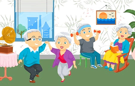 백발의 할아버지와 할머니가 음악에 맞춰 춤을 추고, 또 다른 할아버지와 할머니는 의자에 앉아 아령운동과 독서를 하고 있다.