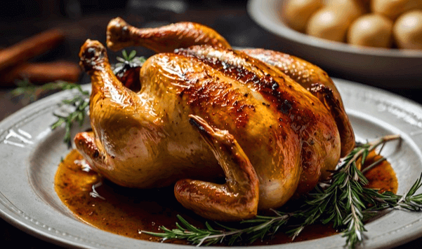 하얀 접시에 잘 익은 통구이 닭고기가 있다. 갈색으로 잘 익힌 닭이다. 주변엔 초록색 로즈마리가 있다.
