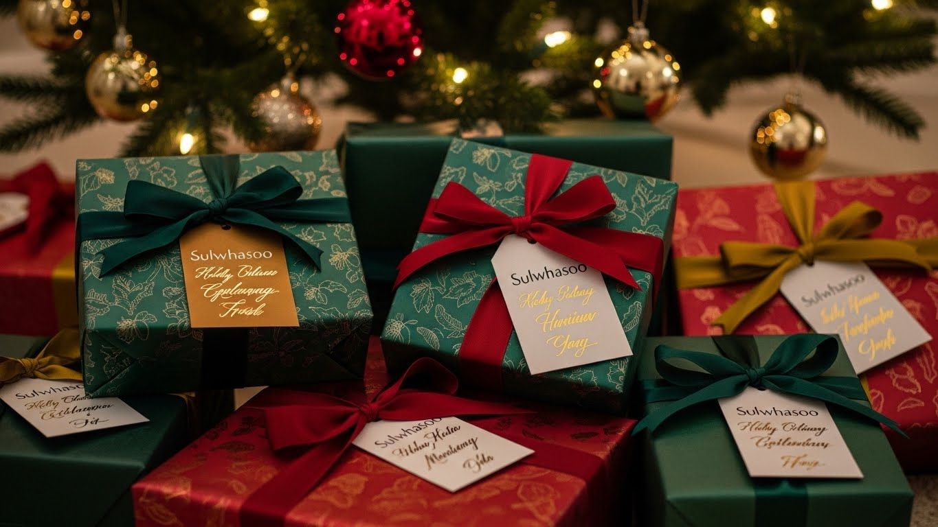은은하게 빛나는 크리스마스 트리 아래 아름답게 포장된 설화수 홀리데이 에디션 선물 상자