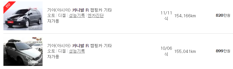 카니발 캠핑카 중고차 가격
