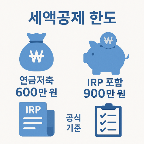 연금저축 세액공제 한도 600만 원, IRP 포함 시 900만 원까지 공제 가능한 공식 기준을 인포그래픽으로 정리한 이미지로, 세액공제 최대 혜택을 확인할 수 있도록 구성되었습니다.