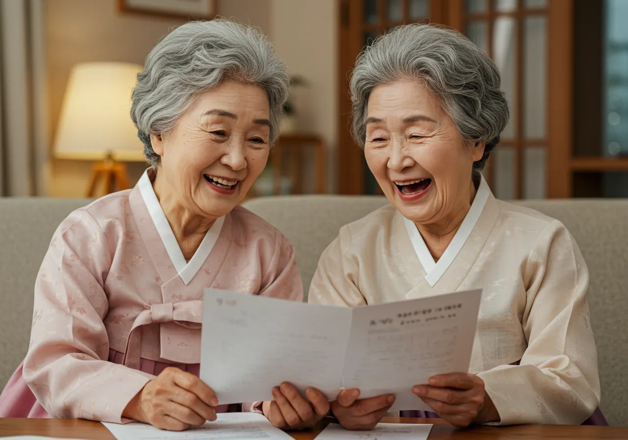 서류를 보며 활짝 웃는 시니어 여성