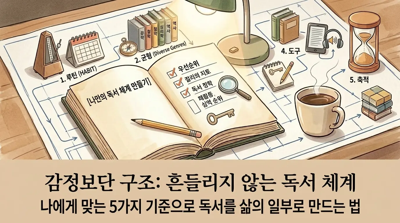 독서 습관을 넘어 나만의 독서 체계를 구축하는 5가지 전략(루틴, 균형, 우선순위, 도구, 축적)을 시각화한 작은서재 블로그의 대표 이미지. 따뜻한 일러스트 배경에 '감정보단 구조: 흔들리지 않는 독서 체계'라는 문구가 포함됨