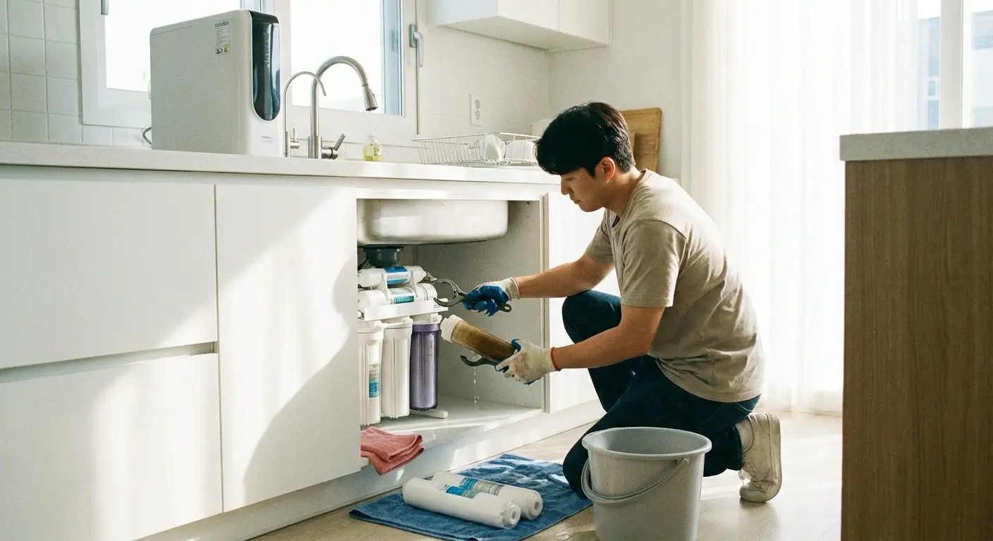 정수기 필터 교체 장면