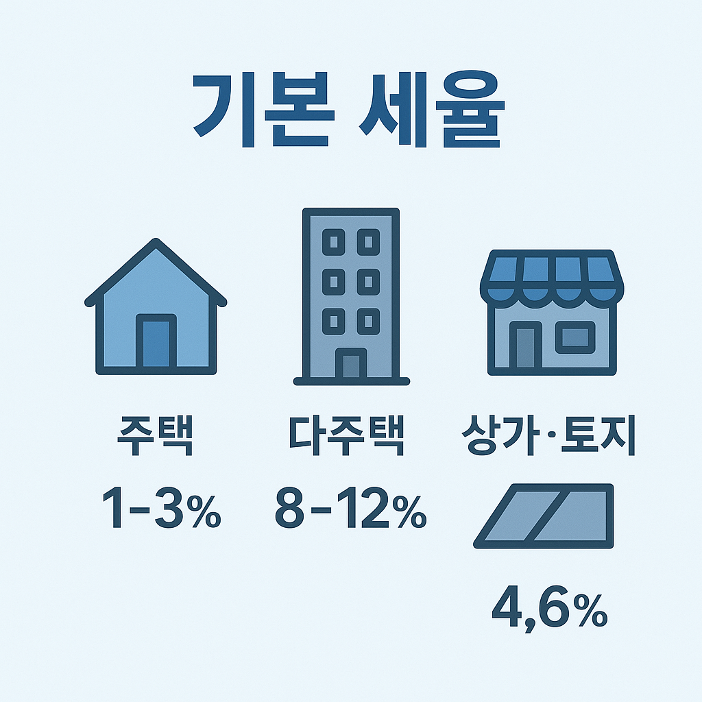 부동산 취득세 기본 세율을 설명하는 인포그래픽으로, 주택 13%, 다주택 812%, 상가·토지 4.6% 등 유형별 세율을 정리했습니다.