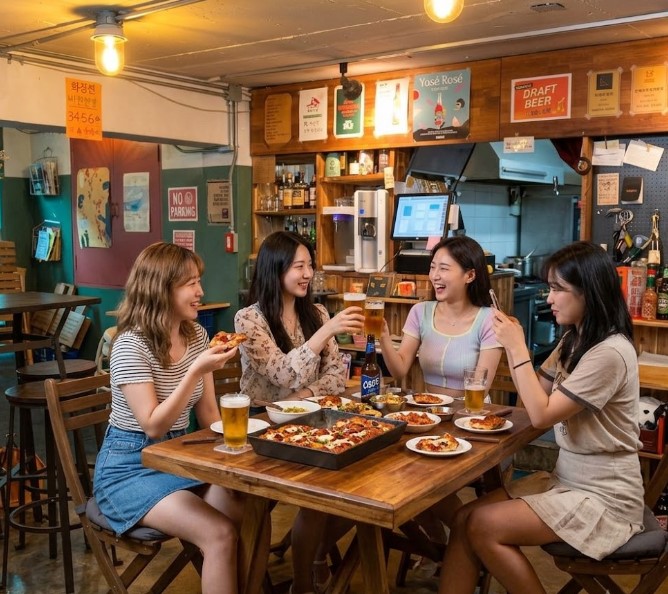 동묘역 인근 맛집에서 피자와 맥주를 즐기고 있는 사람들