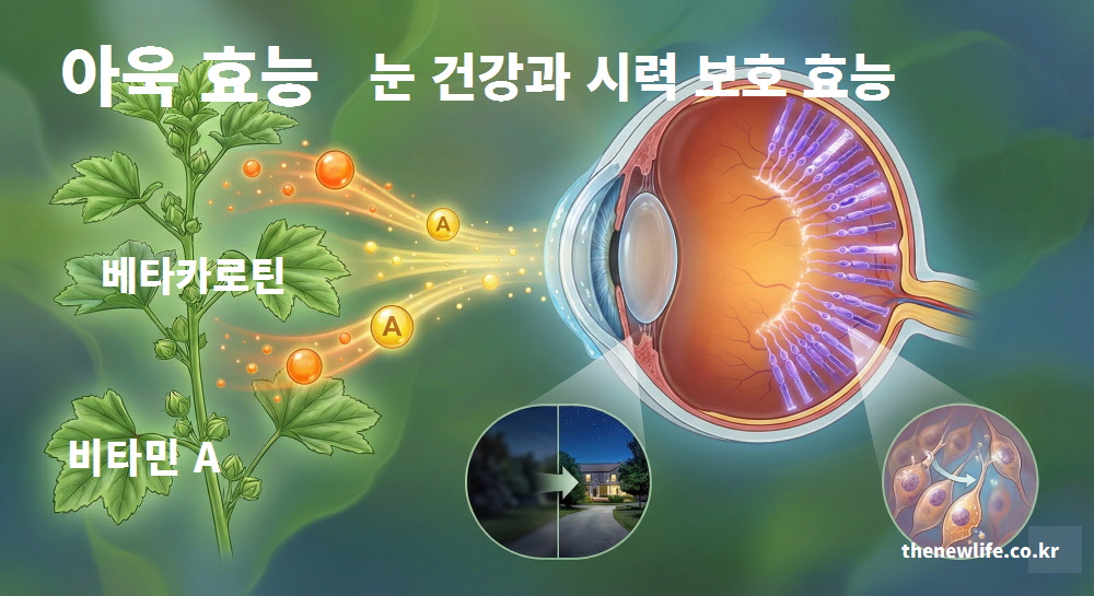 아욱의 풍부한 베타카로틴과 비타민 A 성분이 눈의 망막 로돕신 재합성을 돕고 야맹증을 예방하는 과학적 원리를 설명한 인포그래픽 이미지