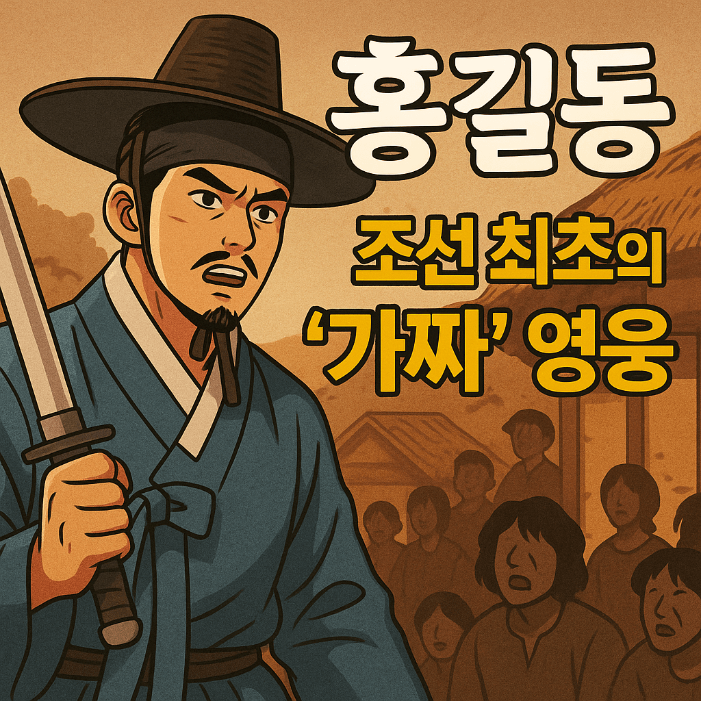 조선 시대 복장을 입은 홍길동이 정의의 검을 들고 산속에서 민중을 지키는 듯한 모습