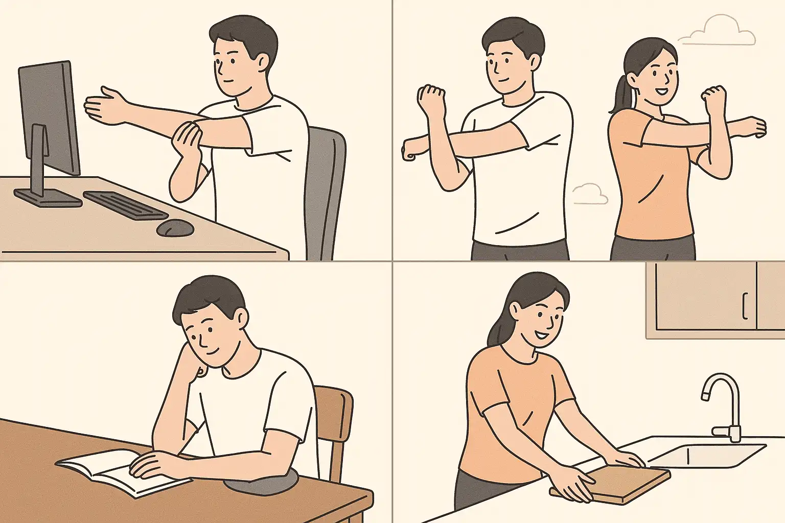준비운동을 하는 남녀, 컴퓨터 사용 전 팔 스트레칭, 주방에서 도마 높이를 조절하는 장면, 팔꿈치를 보호하는 생활 습관