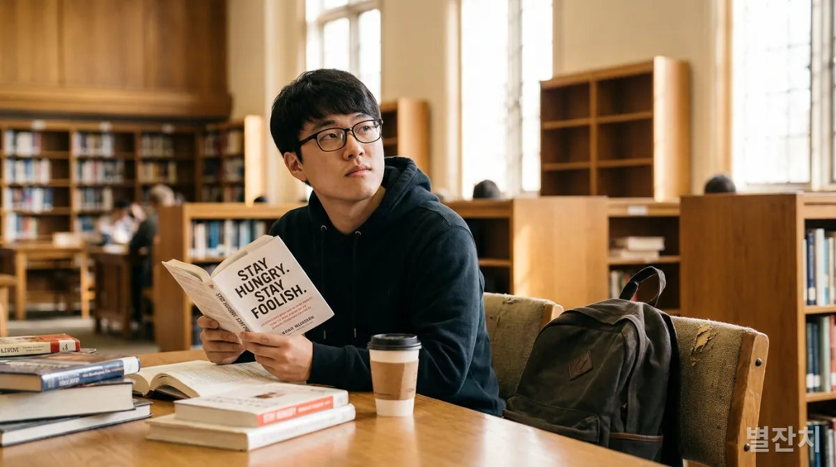 대학교 도서관에서 명언집을 읽으며 영감을 얻는 한국인 남학생