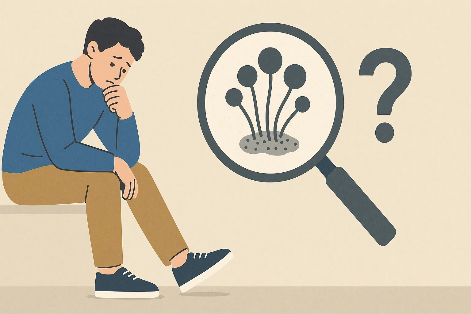 혼자 발을 내려다보며 고민하는 사람의 모습, 옆에는 돋보기 속에 곰팡이 아이콘과 물음표 아이콘