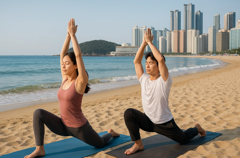 바닷가 에서 요가 하는 사진