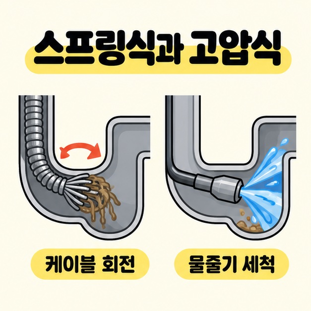 스프링식과 고압식이라는 제목 아래 케이블 끝으로 찌꺼기를 다루는 모습과 배관 안 노즐의 물줄기로 세척하는 모습을 비교한 그림