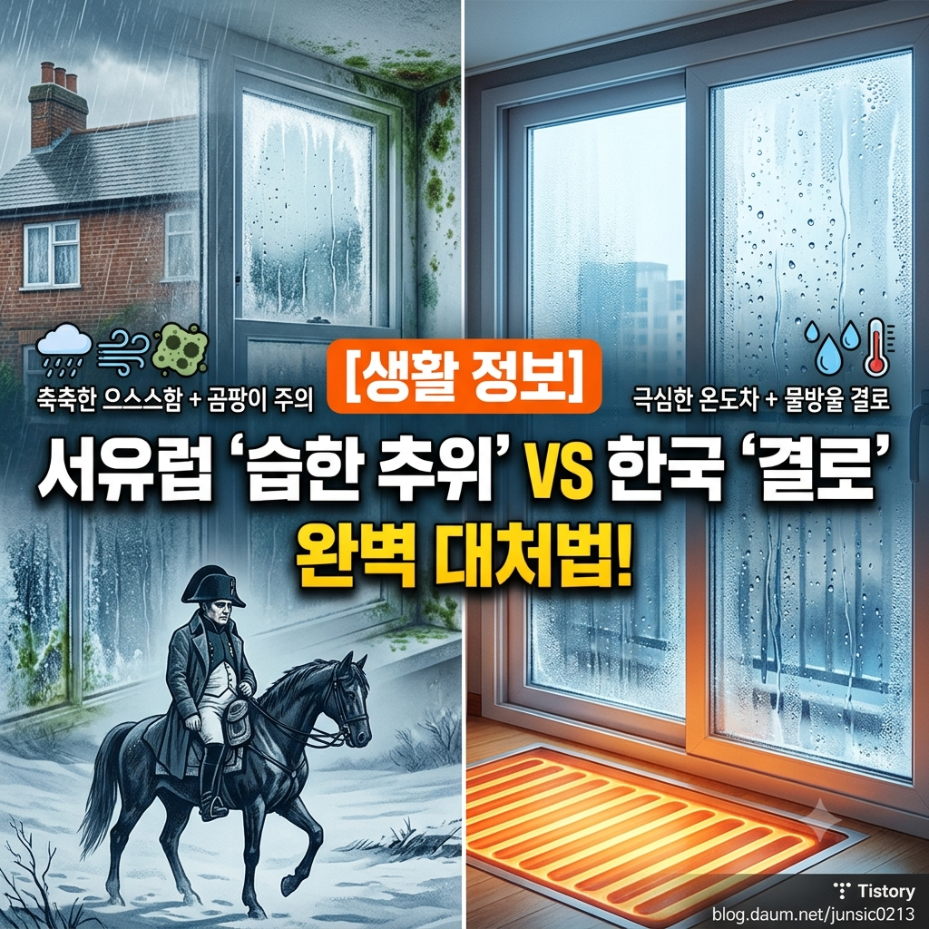 서유럽의 습한 추위와 한국의 결로 현상을 비교하는 티스토리 블로그 썸네일 이미지. 좌측에는 비 내리는 영국풍 건물과 곰팡이가 핀 창문, 말 탄 나폴레옹 그림이 있고, 우측에는 바닥 난방의 온기와 물방울이 맺힌 창문이 대비되어 있다. 중앙에는 '서유럽 습한 추위 VS 한국 결로 완벽 대처법' 텍스트가 적혀 있다.