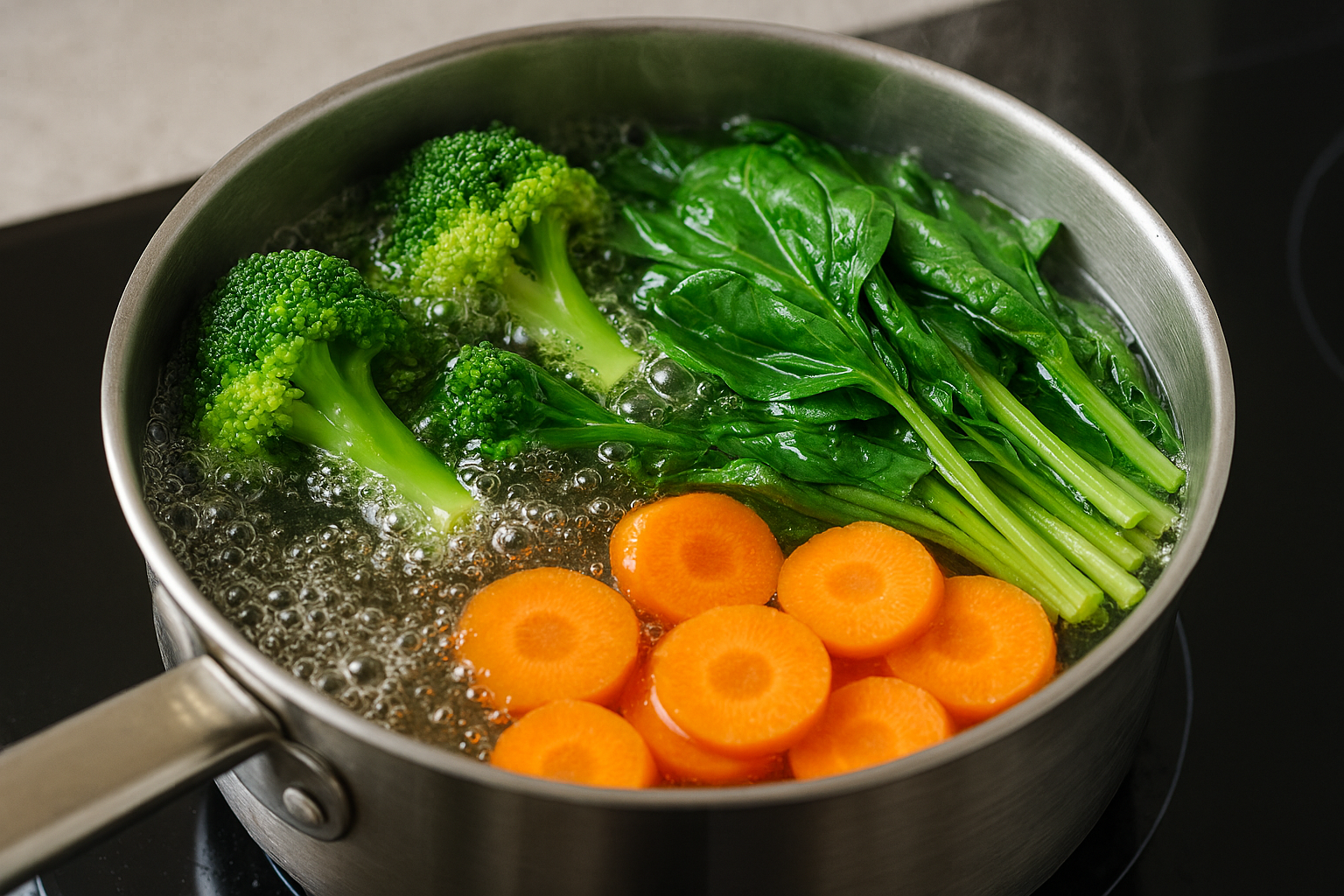 끓는 물에 데치고 있는 채소 이미지