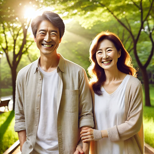 50대 중년부부가 치매 치매 예방을 위해 산책을 하고 있다.