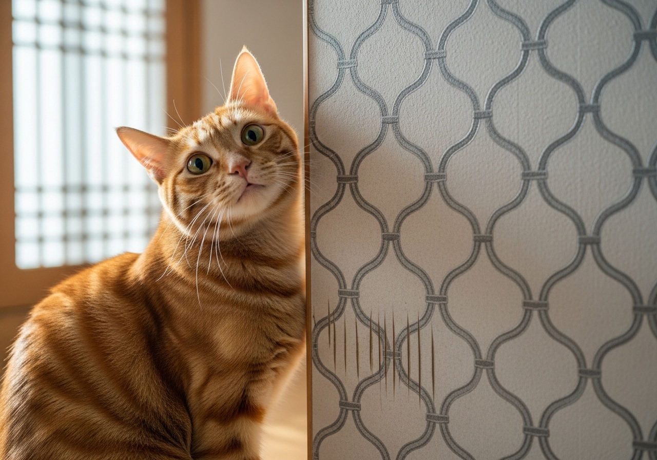 벽지를 긁어놓은 반려동물과 난감해하는 한국 가정집 상황