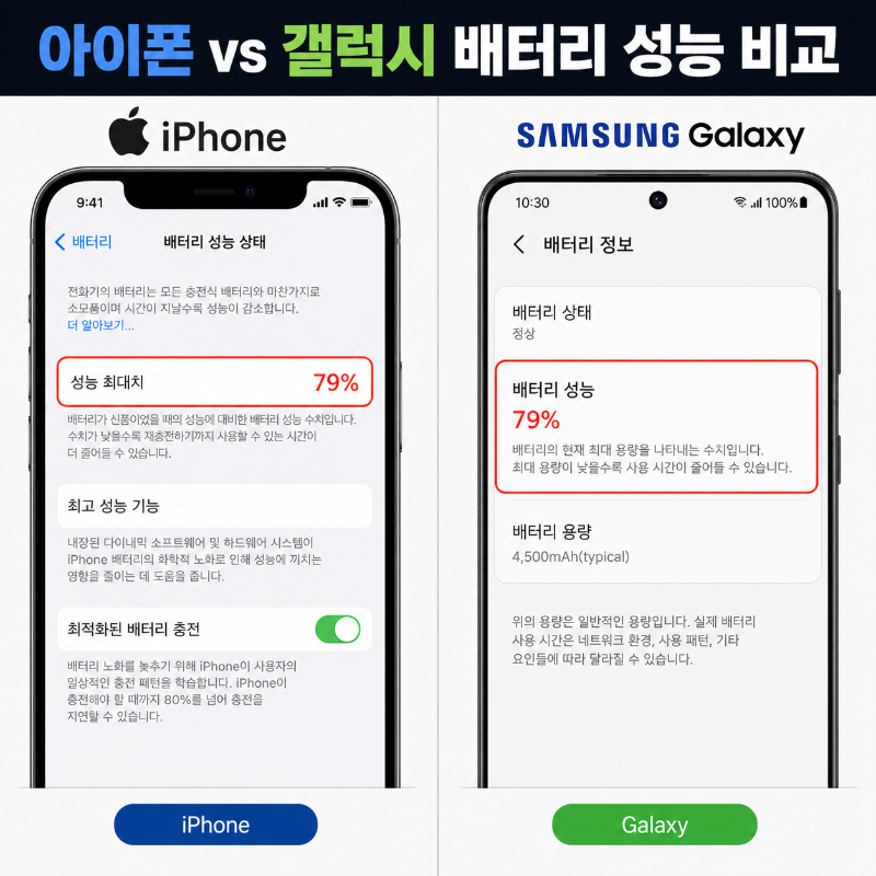 alt="아이폰과 갤럭시 배터리 상태 확인 화면을 나란히 보여주는 이미지 — 배터리 최대 용량 수치가 표시됨"