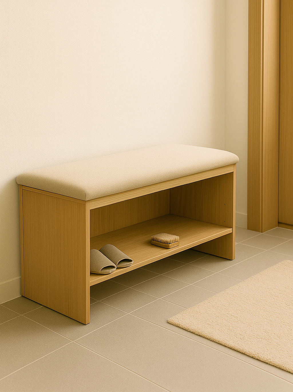 현관에 벤치 수납장이 놓여 있고 바닥에는 러그가 깔린 모습