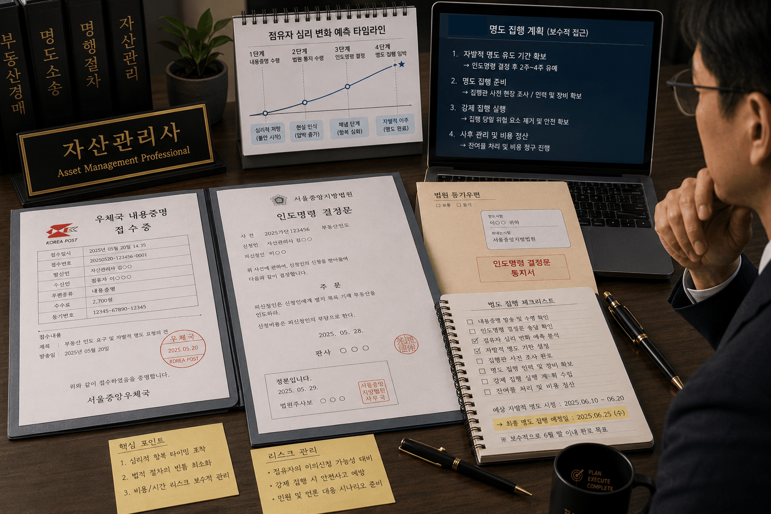 점유자의 심리적 항복 타이밍을 예측하며 명도 집행 계획을 보수적으로 확정 짓는 자산 관리사