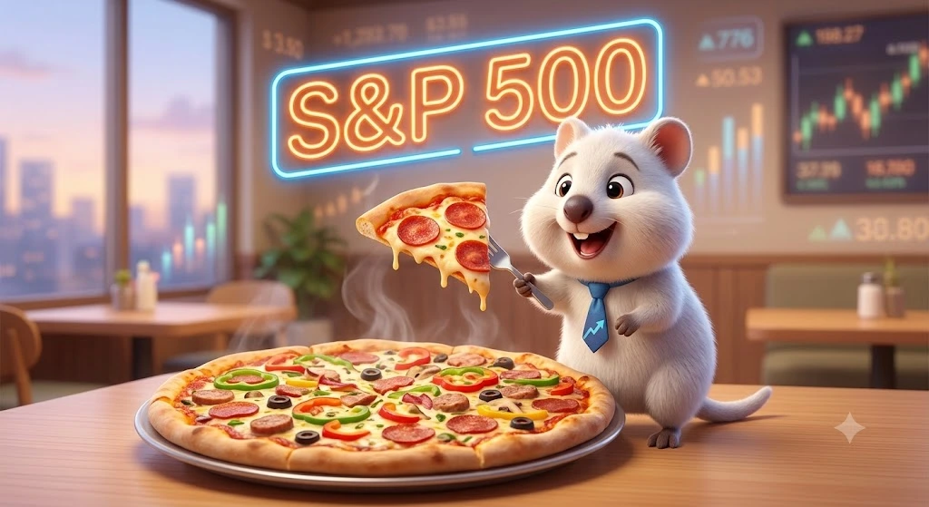 S&P500 지수 투자를 11가지 토핑의 피자에 비유한 일러스트. 시장 전체를 추종하는 ETF를 기본으로 삼으면서, 높은 성장이 기대되는 특정 산업군(섹터 ETF) 조각을 선별 투자해 초과 수익을 추구하는 '코어 앤 새틀라이트' 전략을 설명함.